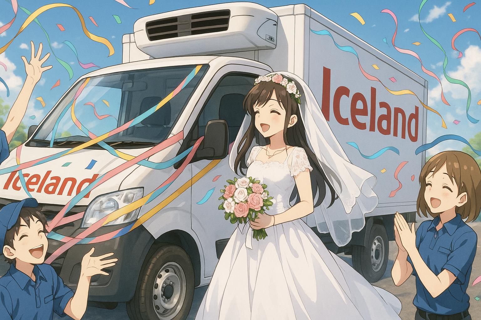 Bride arrives at wedding in Iceland delivery van celebrating store romance