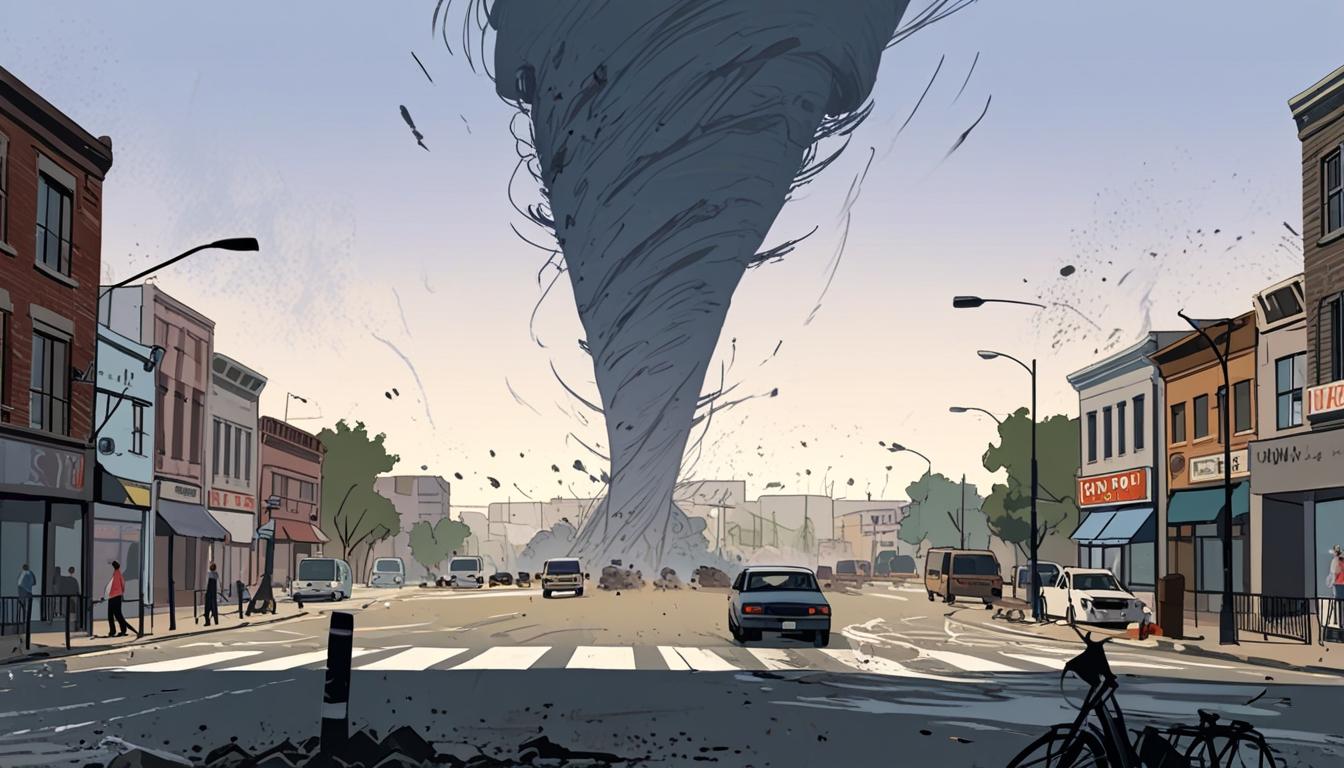 Dust devil tornado momentarily halts traffic on Great Ancoats Street in Manchester