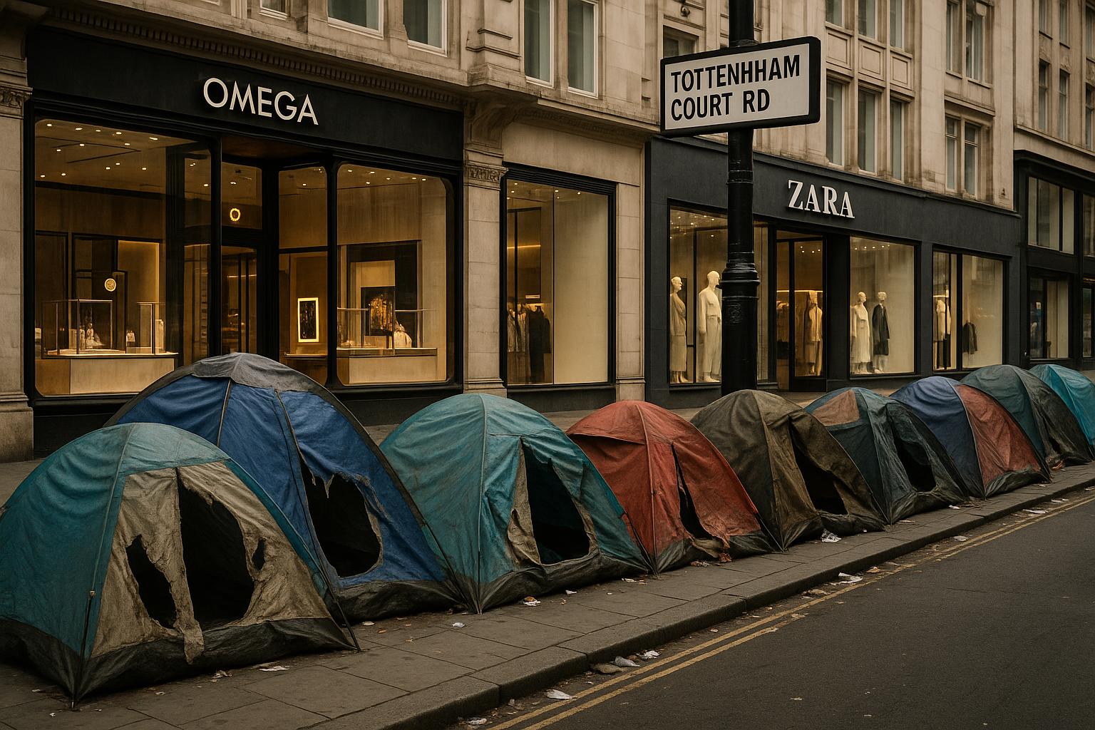 London’s upscale Tottenham Court Road now home to sprawling migrant encampment amid rising homelessness crisis