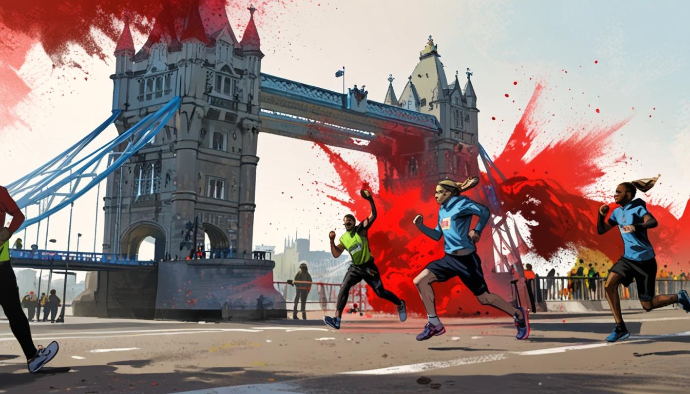 Protesters disrupt London Marathon men’s elite race on Tower Bridge with red powder