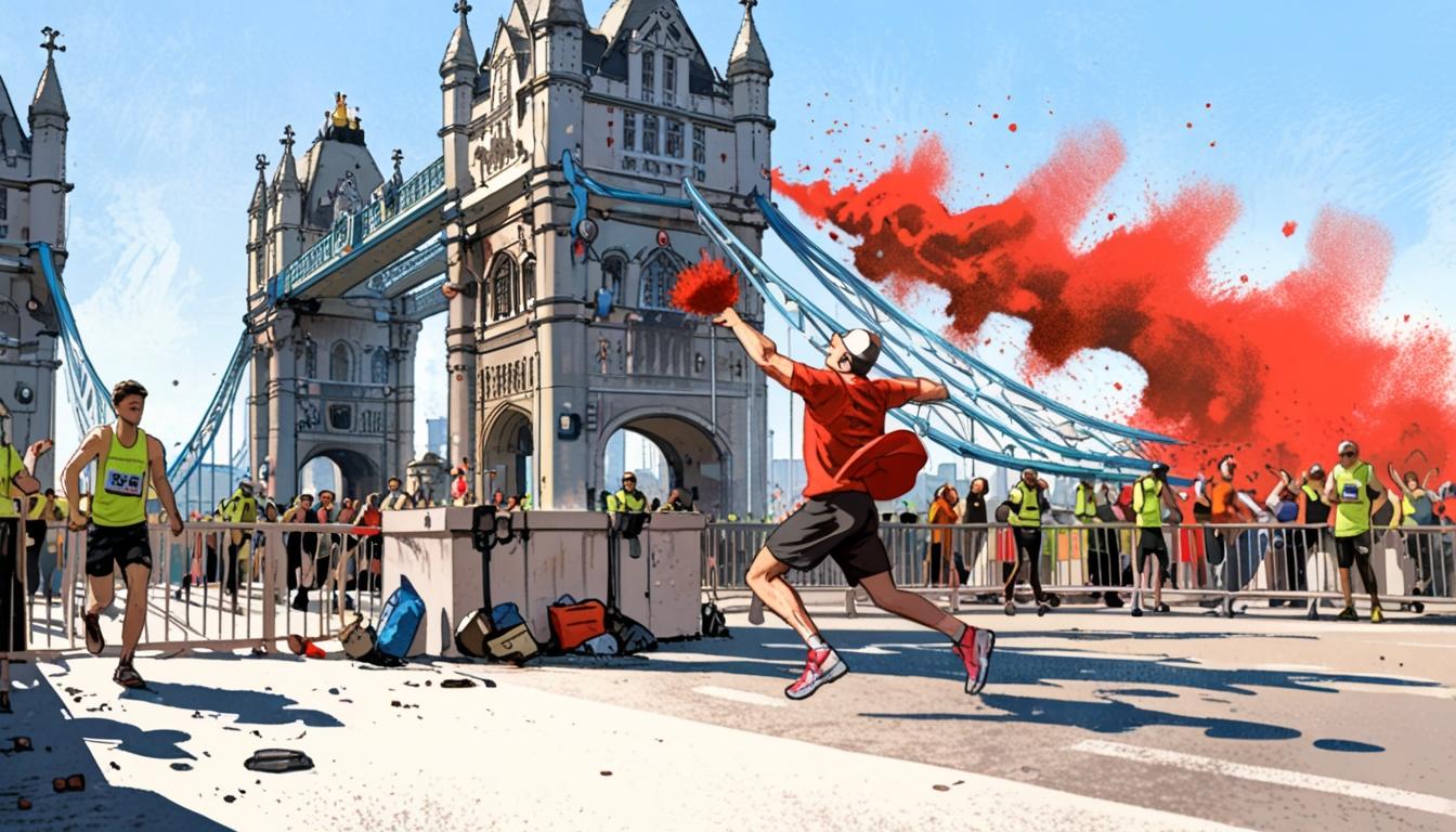 Protesters disrupt London Marathon men’s race with red powder on Tower Bridge