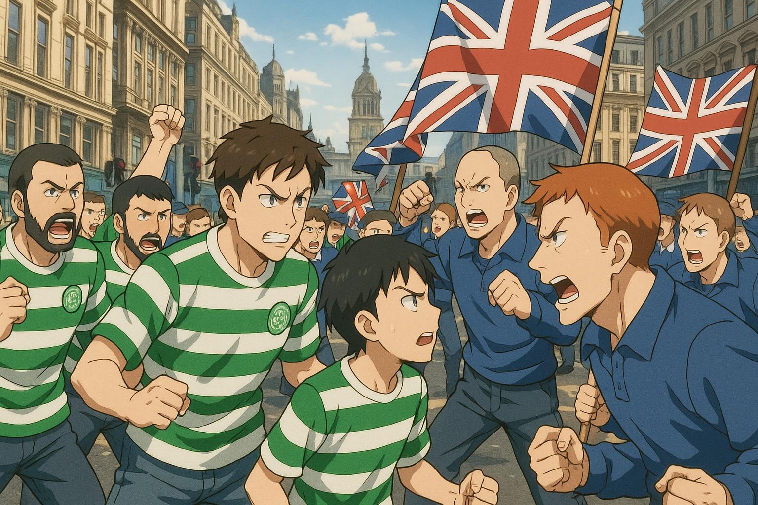 Celtic fans clash with Orange Order during VE Day anniversary parade in Glasgow
