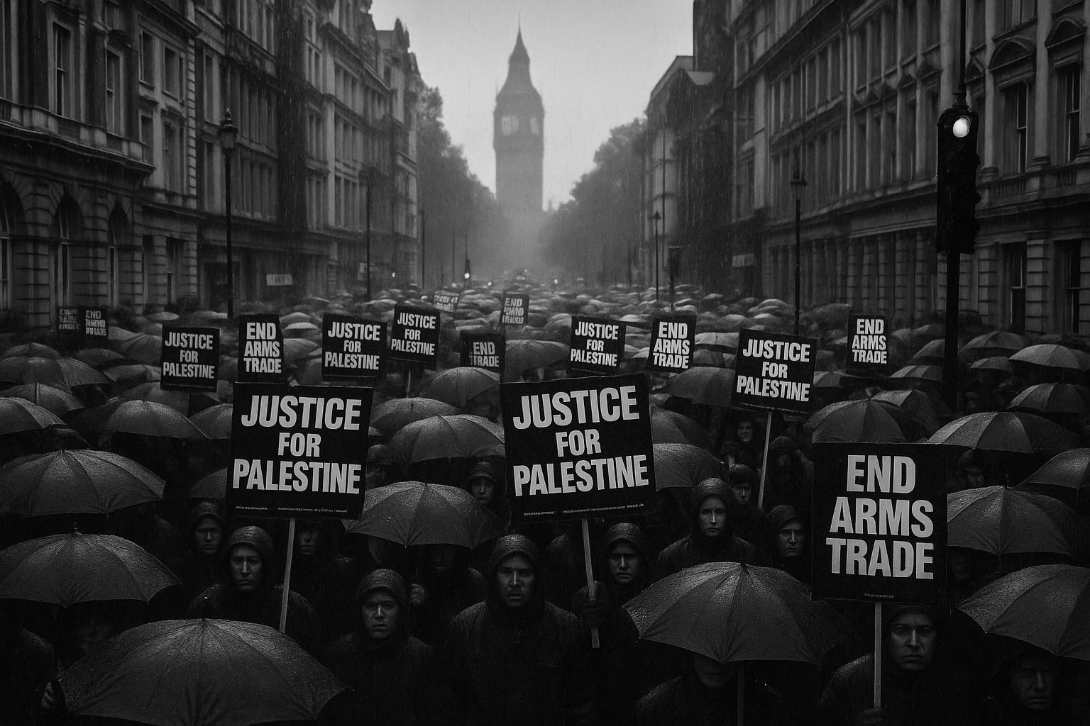 Hundreds march in London despite rain to demand UK halt arms sales to Israel amid Palestine Action ban