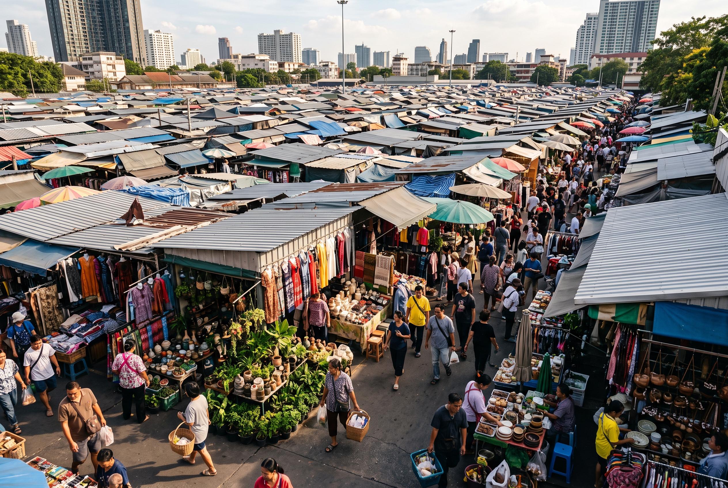 Chatuchak Market in Bangkok stands out with its sprawling scale and vibrant local atmosphere